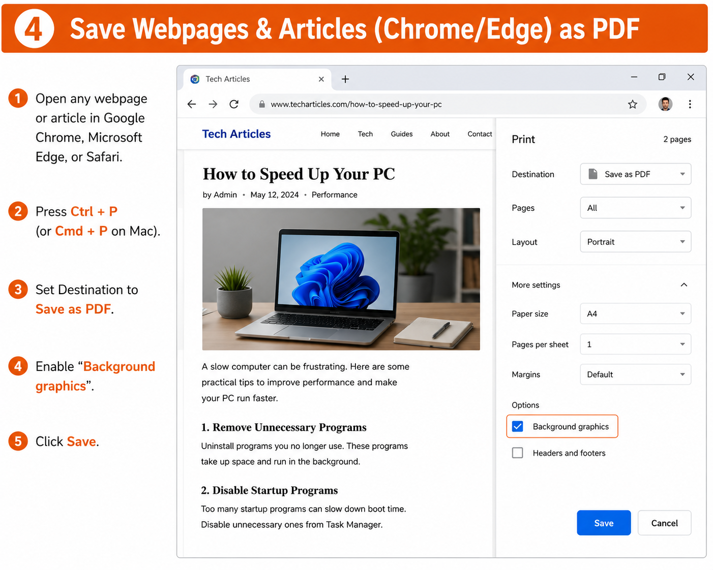 Saving Webpage Article as PDF in Browser on Laptop